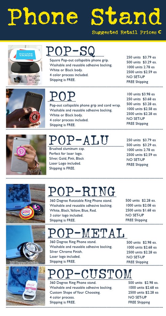 promotional product pricing on pops, popsockets, propring for tradeshow giveaway