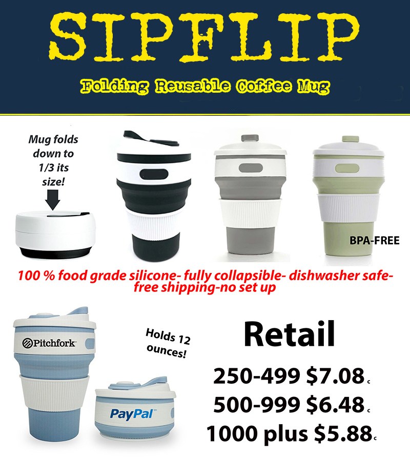 Get your logo on a Stojo style folding silicone reusable coffee mugs. These dishwasher safer, BPA free silicone folding cups and mugs are perfect for your logo or trade show.