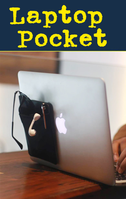 Fillit style laptop and tablet pocket. Washable adhesive allows the Laptop Pocket to be attached to any device. Get your logo on it.