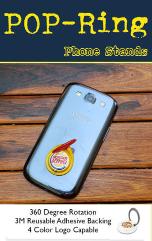 360 degree pop phone ring. Get your logo on a pop ring and power up the marketing space on your clients smartphone.