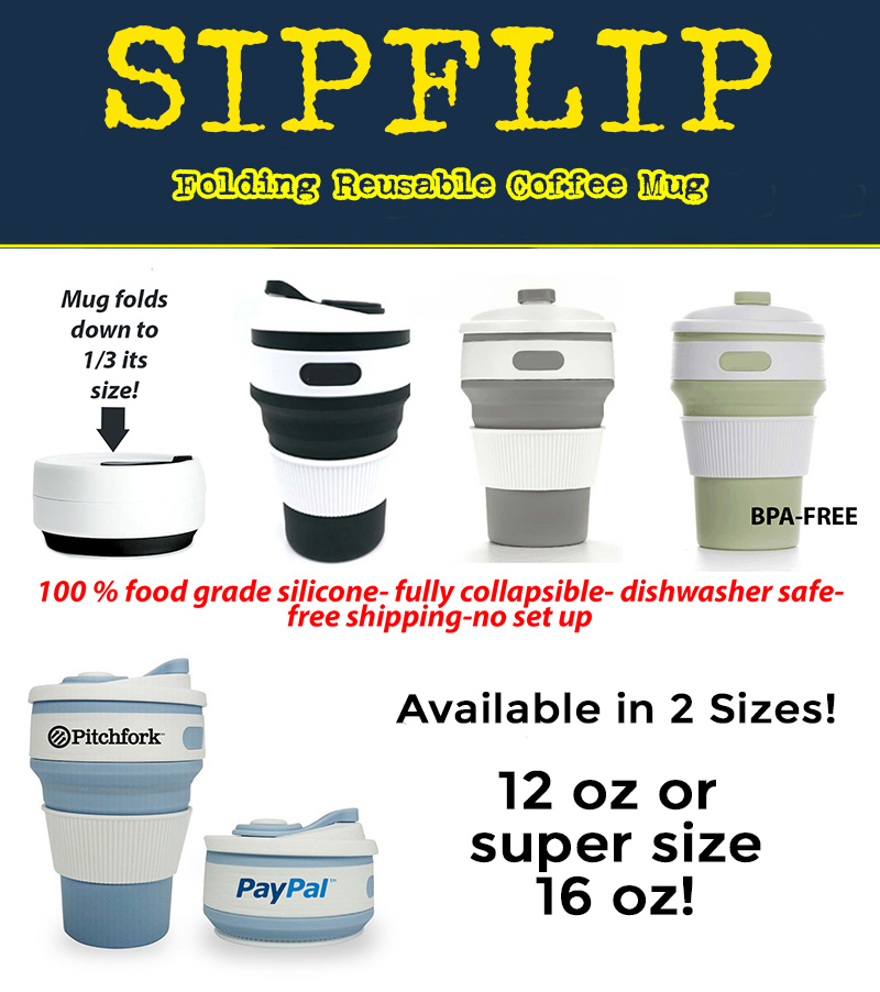 Folding reusable silicone coffee cup. Comes in 2 sizes 12 oz and 16 oz.