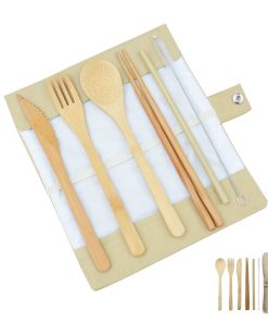 Bamboo reusable eco friendly eating utensils with roll-up jute pouch