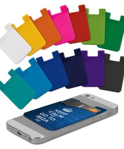 Silicone Phone Wallet. Inexpensive credit card holder. Sticks to the phone. Perfect for trade shows, marketing giveaways and logo promotional products. Promo Motive promotional products supplier.