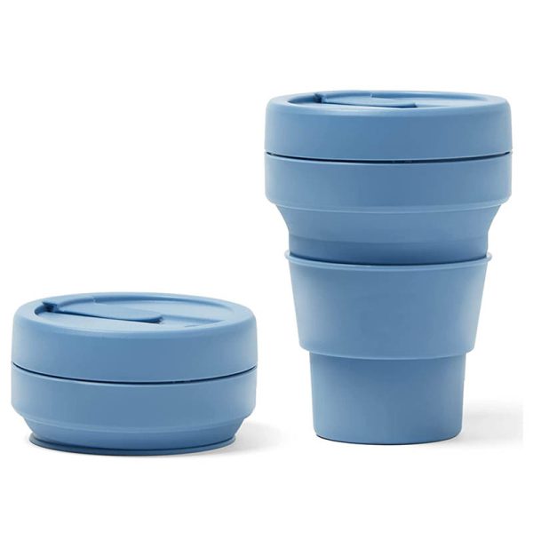Packable folding silicone coffee cup 12 ounces steel blue