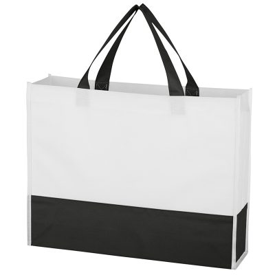 black and white non woven shopping tote with gusset