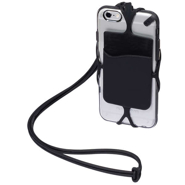 black strappy silicone phone wallet and lanyard
