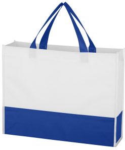blue and white non woven shopping tote with gusset
