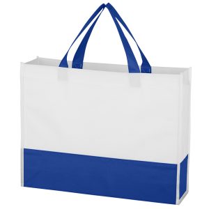 blue and white non woven shopping tote with gusset
