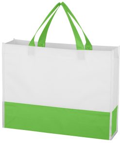 green and white non woven shopping tote with gusset