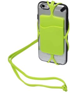 green strappy silicone phone wallet and lanyard