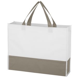 grey and white non woven shopping tote with gusset