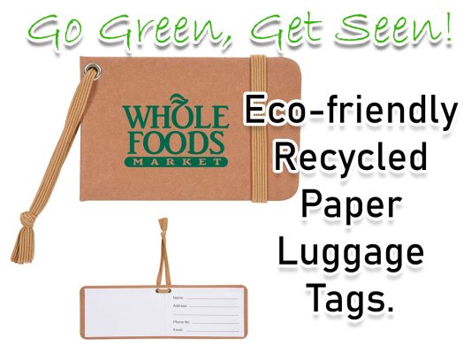 Recycled Paper Luggage Identity Tags. Eco-friendly branded luggage and identity tags. Perfect for trade shows, marketing giveaways and logo promotional products. Promo Motive promotional products supplier.