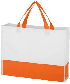 orange and white non woven shopping tote with gusset