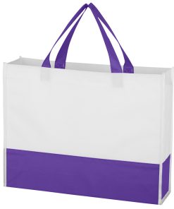 purple and white non woven shopping tote with gusset