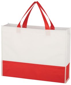 red and white non woven shopping tote with gusset