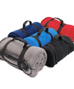 polar fleece blanket with whipstich and carrying handle